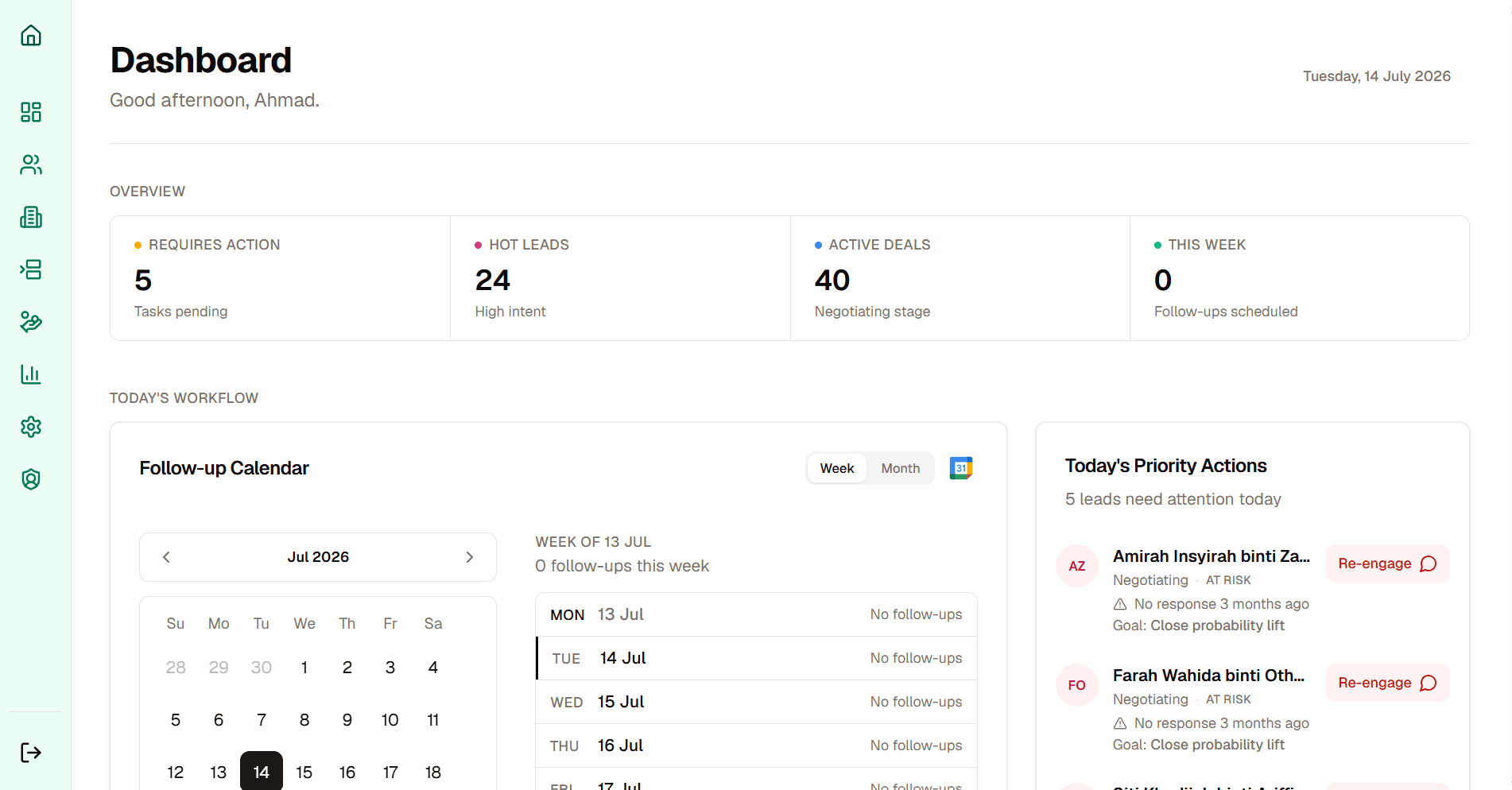 Qualifyr dashboard showing lead scores, follow-up calendar, and priority actions